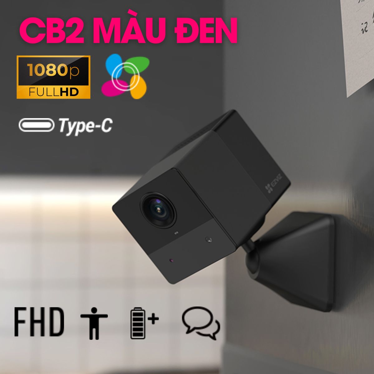 Camera dùng pin sạc 2MP Ezviz CB2 màu đen, đàm thoại 2 chiều, phát hiện chuyển động